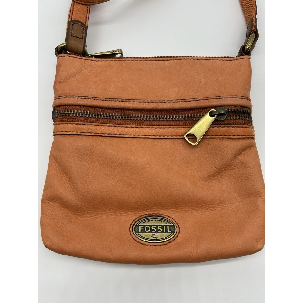 Vintage Fossil Leather Crossbody Bag Orange Pebbled Square Multi Zip Boho Hippie - Picture 2 of 10
